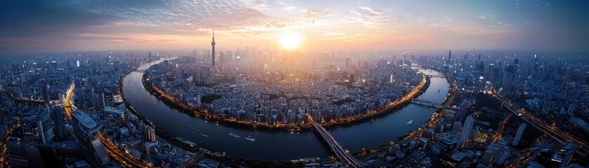 Fototapeta premium Stunning Aerial View of Urban City Skyline During Sunset with River and Skyscrapers Illuminated by the Golden Glow of Sunset Background