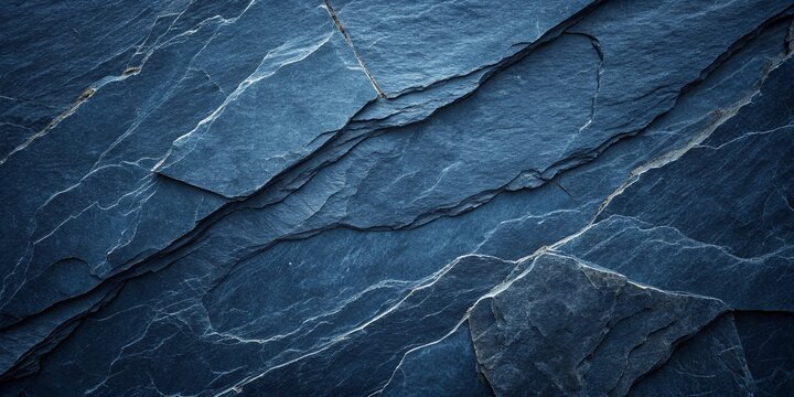 Dark blue slate rock texture background with rough and cracked stone layers, creating a natural, rough surface. Abstract design.