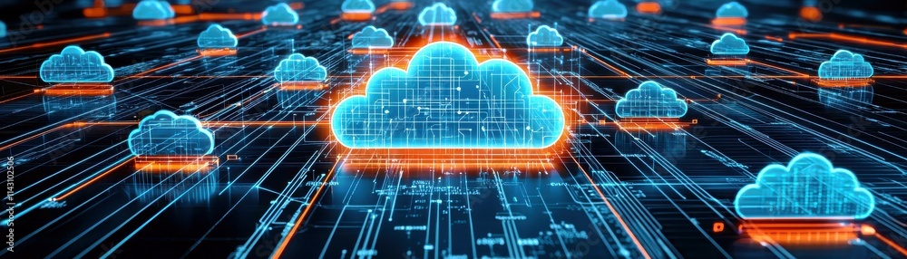 Poster digital cloud network with glowing data lines and cloud icons representing technology and connectivi