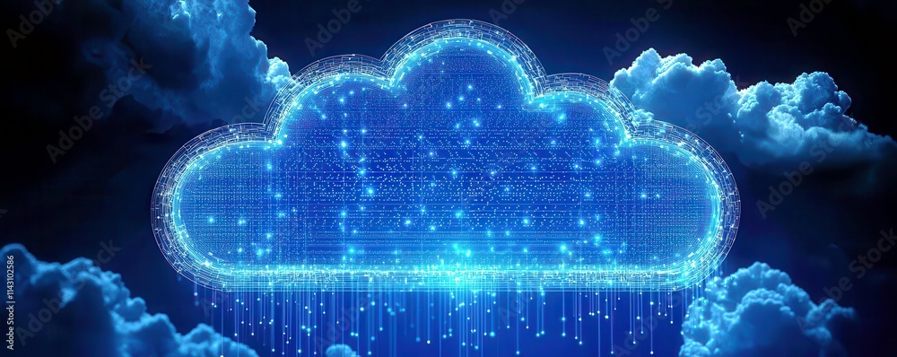 Poster digital cloud computing concept with glowing data streams representing technology and innovation in 