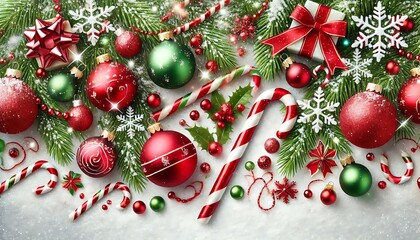 Design cheerful holiday background featuring red and green ornaments, candy canes, and sparkling tinsel on snowy white backdrop using Generative AI