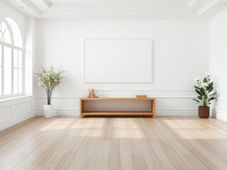 Minimalist room interior with an empty white wall and a mockup for wall art, stylish, mockup