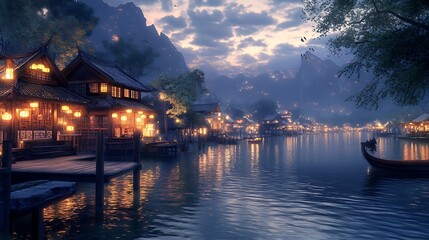 Fototapeta premium Serene Asian village at twilight, nestled along a calm river, illuminated by warm lantern lights.