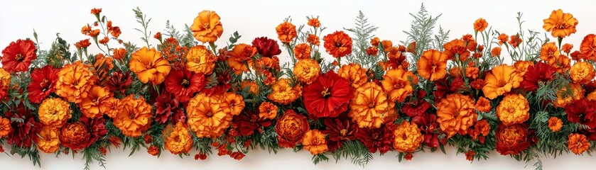 Vibrant Floral Arrangement with Bright Orange and Red Cosmos, Marigolds, and Greenery on a Light Background Suitable for Various Design Projects