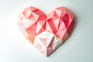 Cute origami paper love heart shape, Valentine's Day background, wedding, engagement, elopement, anniversary. Romantic soft colours red, pink.