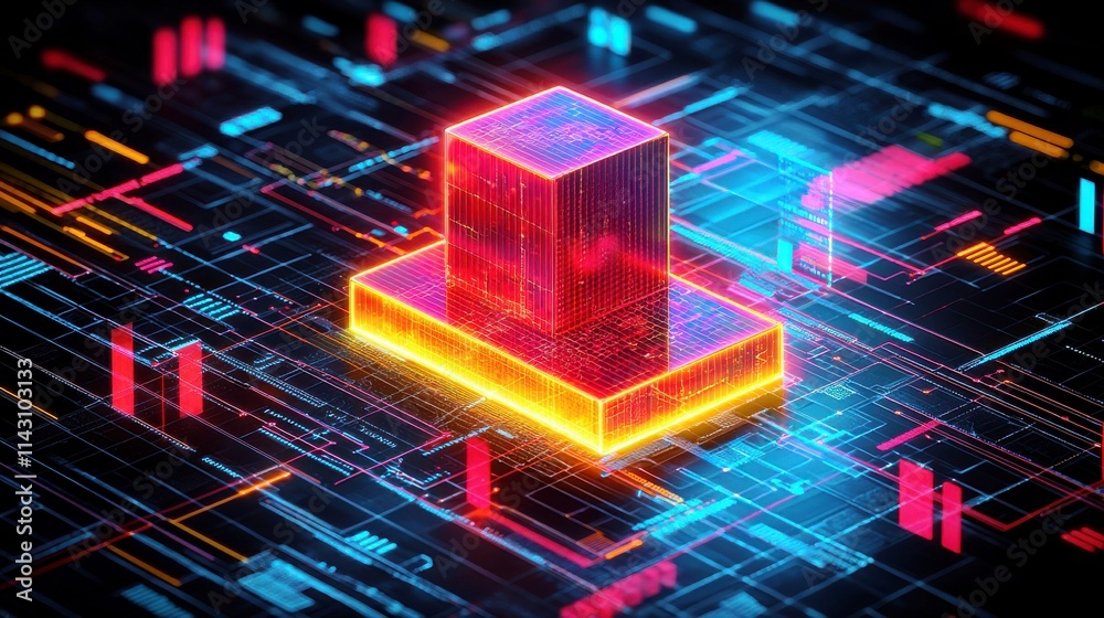 Poster futuristic digital block surrounded by neon circuitry and colorful data streams in a cybernetic envi