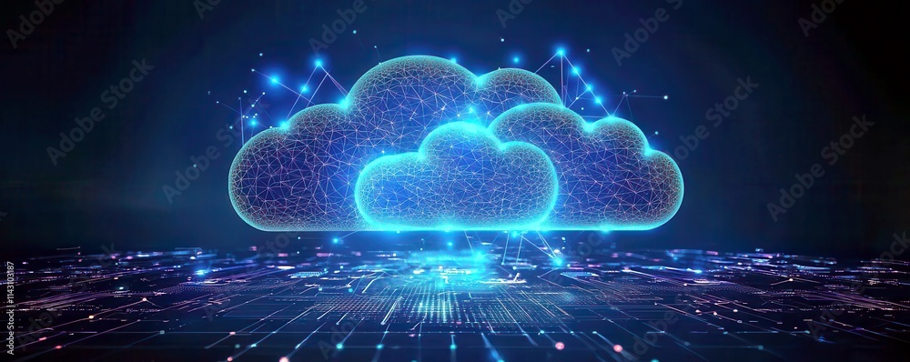 Poster futuristic digital cloud computing concept with data connections and advanced technology visualizati