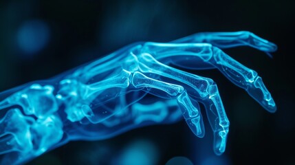A detailed 3D rendering of a human hand's skeletal structure glowing in blue, showcasing medical technology and anatomical design. AI generated.