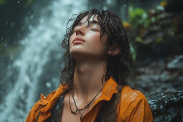 A person in a forest surrounded by natural sounds, eyes closed and fully immersed in auditory awareness of birds singing, leaves rustling, and streams flowing. Generative AI