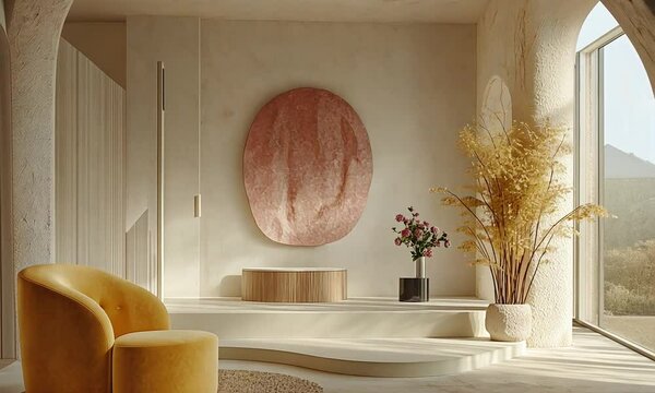 A minimalist modern style of interior space design, with an arched porch and beige micro cement walls that create a textured feel and lead to uniquely shaped and colored rooms. A large pink sculpture 