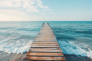 Fototapeta premium Wooden pier extending into serene blue sea under clear sky