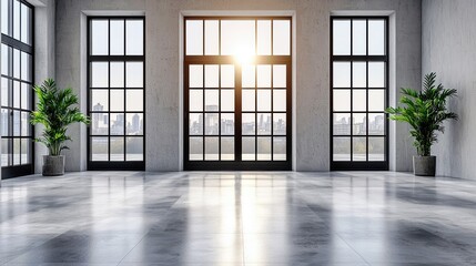 Obraz premium Bright and Airy Modern Interior with Large Windows and City View, Featuring Potted Plants and Open Space for Creative Use in Architectural Photography