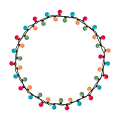 Festive round frame with colorful Christmas lights. Round Christmas frame with lights and garlands. Cartoon vector Christmas border isolated on a white background