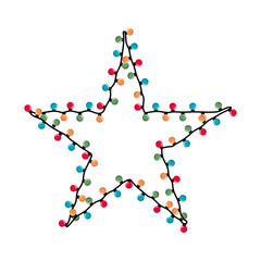 Festive star-shaped frame with colorful Christmas lights. Star Christmas frame with lights and garlands. Cartoon vector Christmas border isolated on a white background