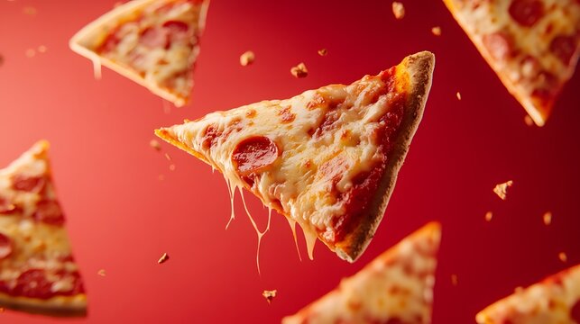 Pizza slice emojis floating on a vibrant red background with melting cheese details.