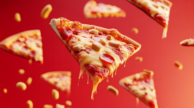 Pizza slice emojis floating on a vibrant red background with melting cheese details. - Powered by Adobe