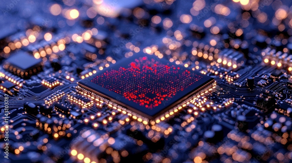 Aufkleber close-up of a modern computer chip embedded in a circuit board illuminated by glowing lights with a 