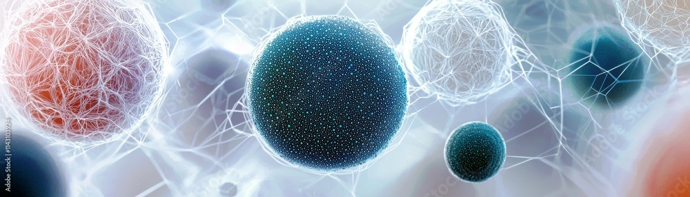 Poster abstract representation of microscopic spheres and networks illuminated by soft light, symbolizing c