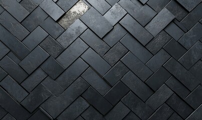 Black, Semigloss Wall background with tiles. Herringbone, tile Wallpaper with Polished blocks.