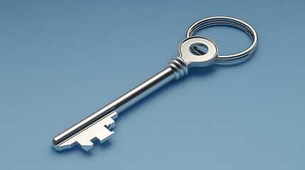 Silver skeleton key with keyring on blue background.