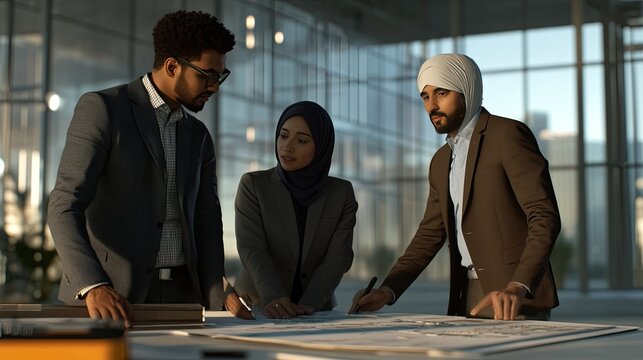 Global Business Collaboration: A diverse team of professionals collaborates on a project, showcasing their dedication and teamwork in a modern, sunlit office setting.  
