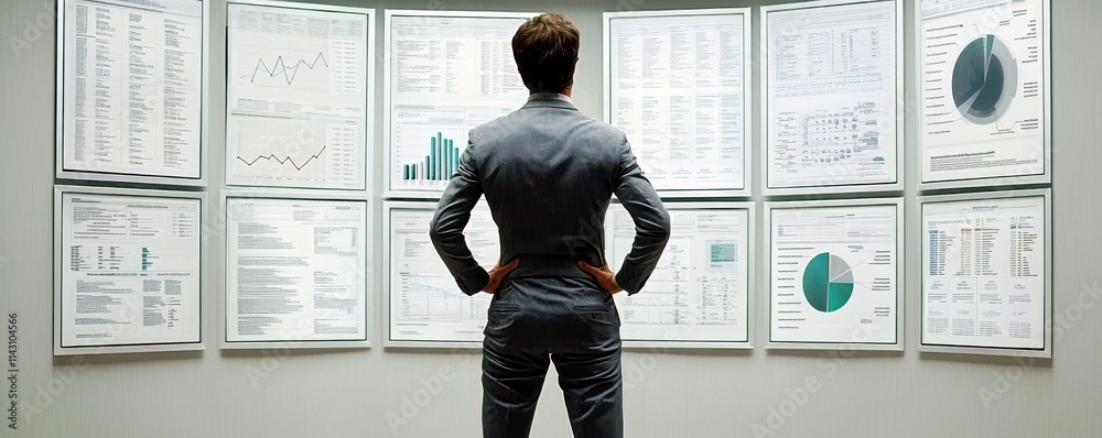 Poster business professional analyzing data charts and graphs in modern office environment with informative