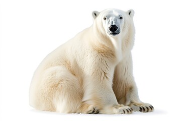 Fototapeta premium Sitting polar bear isolated on white background, looking forward.