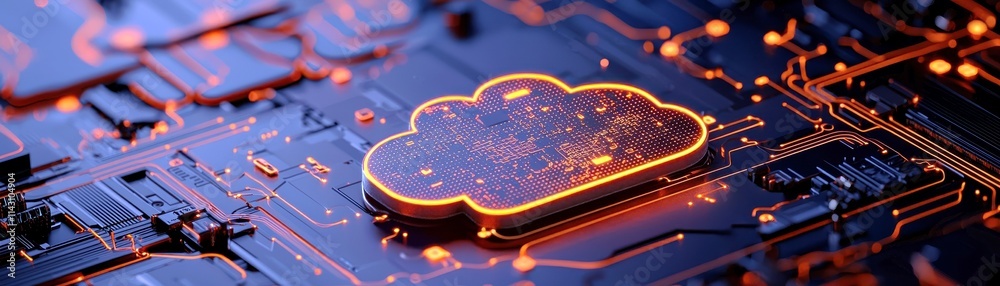Poster futuristic digital cloud symbol on neon circuit board background representing cloud computing techno