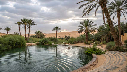 Traditional Oasis with Rippling Water