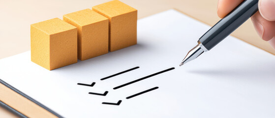 close up of hand marking checklist with pen, alongside three yellow blocks. This conveys organization and productivity