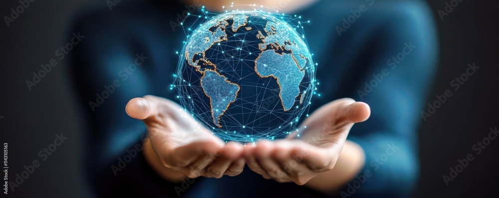 Poster hands holding digital globe with connected nodes representing global network and connectivity in mod