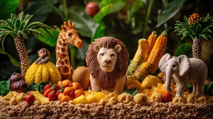 Fototapeta premium Safari animal figurines arranged on a tropical fruit cake.