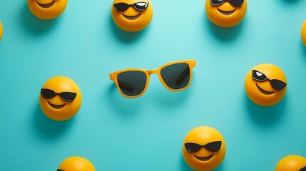Obraz premium Sunglasses emojis floating on a bright cyan background radiating cool vibes.