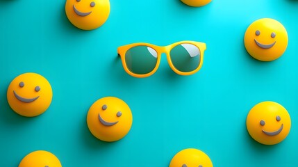 Obraz premium Sunglasses emojis floating on a bright cyan background radiating cool vibes.