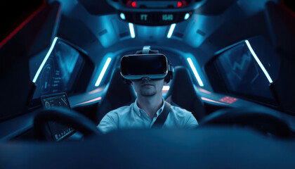Man wears VR headset driving futuristic car. Simulated driving experience. Advanced tech, design. Future of transportation, tech innovation. Person sits in driver seat, controls dashboard. Immersive