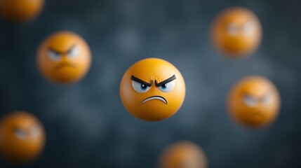 Fototapeta premium Thinking face emojis with furrowed brows floating on a deep grey background.