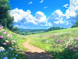 Scenic pathway through a vibrant flower field under a bright blue sky in springtime