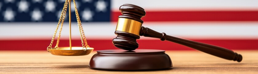 Obraz premium close up of courtroom featuring gavel and scale against American flag backdrop, symbolizing justice and law