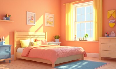 Cute Interior bedroom, Windows, 3d illustration style, light wood furniture.