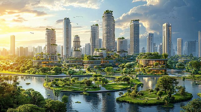 Eco-friendly futuristic city skyline with lush greenery and waterways at sunset.