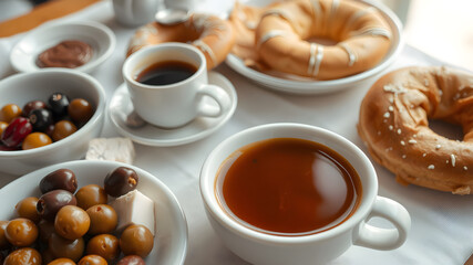 A Turkish breakfast spread with olives, white cheese, simit, and a steaming cup of Turkish coffee.  Generative AI
