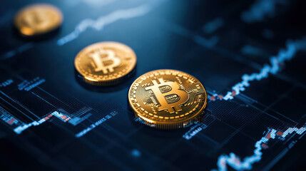 Digital currency coins on stock market graph, showcasing financial trends and investment opportunities