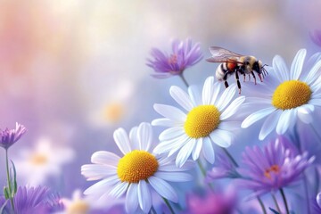 Obraz premium Bee pollinating daisies in a field of wildflowers.