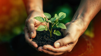 Fototapeta premium hands cupping a small plant sapling with a few light green leaves