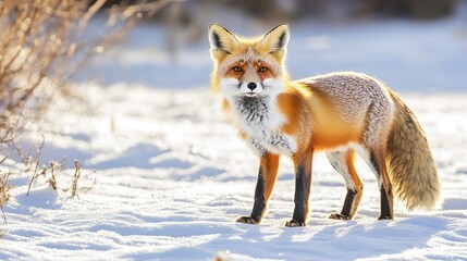Fototapeta premium Alert fox in snowy scene with warm sunlight.