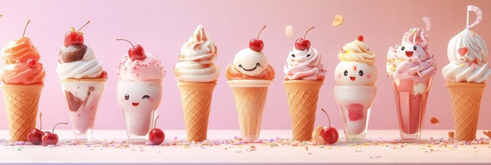 Row of cute cartoon ice cream cones and sundaes with cherries and sprinkles on pink background.