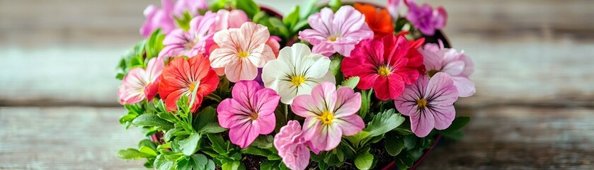 Beautiful Heart-Shaped Arrangement of Colorful Petunia Flowers on Rustic Wooden Table Background Perfect for Spring and Summer Floral Themes