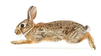 Brown Rabbit in Full Sprint on White Background