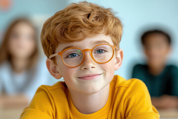 cheerful boy with curly red hair and glasses smiles in classroom setting. His bright yellow shirt contrasts with soft background