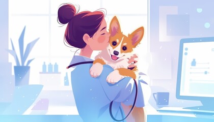 Woman carrying cute pembroke welsh corgi dog at vet hospital, lady holding her puppy and visiting clinic for regular check